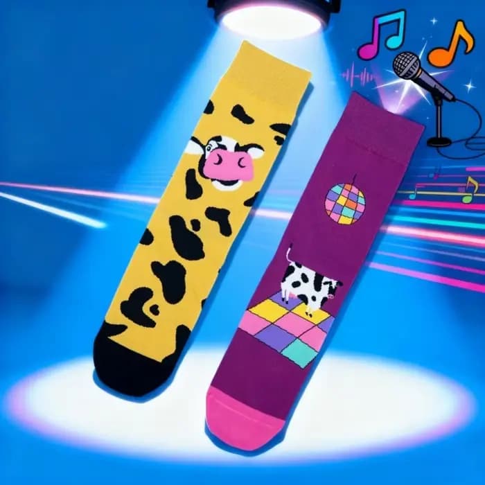 1 paire de chaussettes amusantes sur le thème de la vache Disco, Design prêt pour les fêtes, mode tendance, costume toutes saisons pour unisexe
