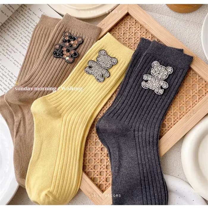 Chaussettes décoratives ours de dessin animé diamant, chaussettes pour femmes scintillantes à la mode, chaussettes de noël confortables et respirantes