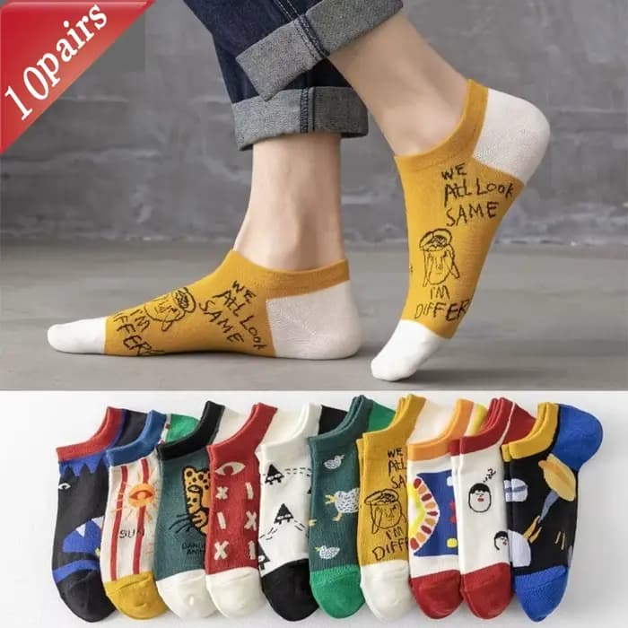 10 paires de chaussettes pour hommes ensemble dessin animé à la mode polyvalent décontracté cheville