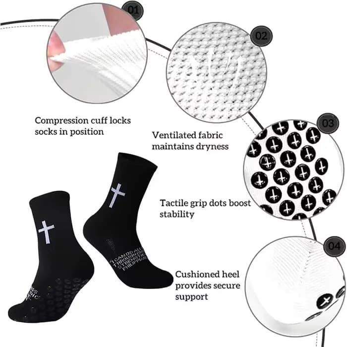 4 paires de chaussettes chrétiennes, chaussettes de prière, chaussettes Jésus, chaussettes de football à motif croix - Chaussettes de sport antidérapantes avec inscription biblique