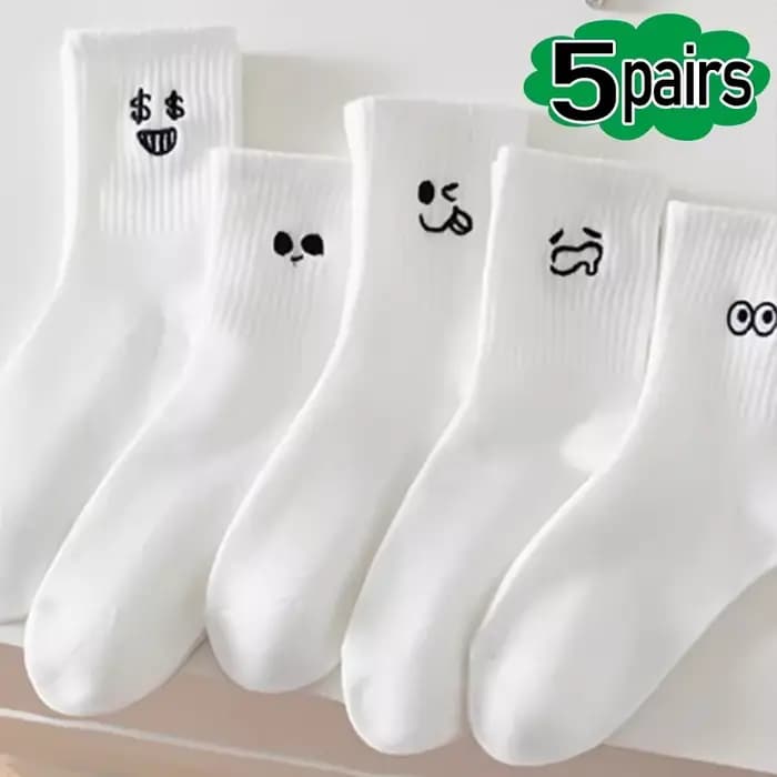 5 paires d'expressions émotionnelles mignonnes chaussettes chaudes pour femmes blanc Kawaii bas brodés