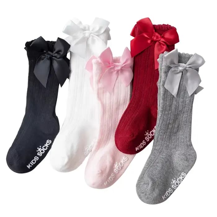Chaussettes à nœuds pour bébé fille, en coton, longues, à rayures, mignonnes, de noël, hautes, princesse