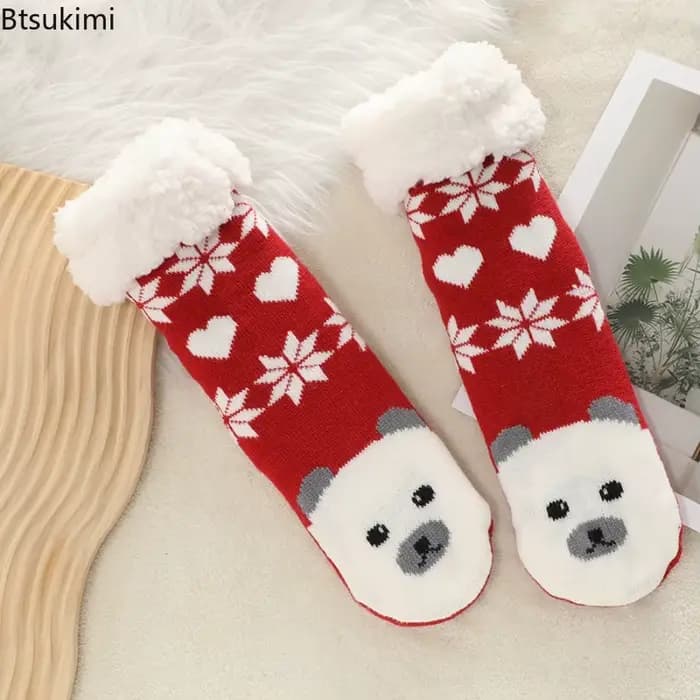 Nouvelles chaussettes pantoufles thermiques douces et chaudes en peluche antidérapantes à rayures pour femmes, collection Noël 2026