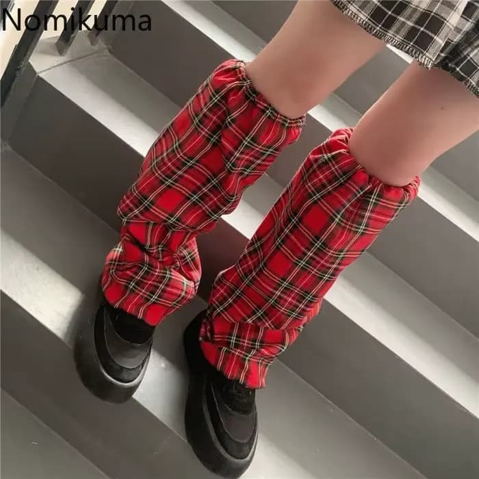 Jambières à carreaux rouges pour femmes, Style Y2K, Patch pour dames, Streetwear, mode, manches de pied, Harajuku, sangle en PU, chaussettes d'été coréennes 2025