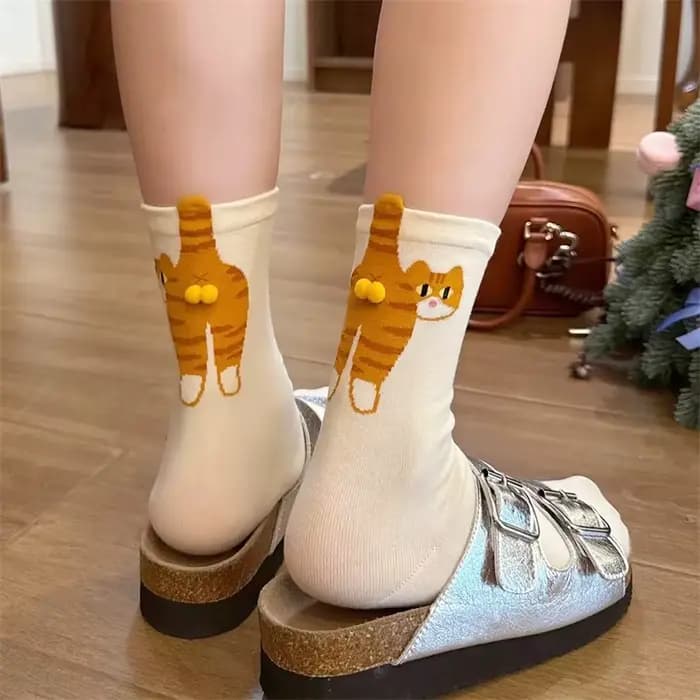 1/2 paires de chaussettes 3D mignonnes à motif chat noir/blanc