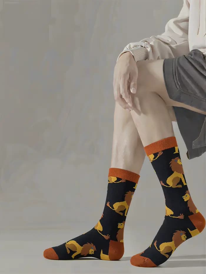 1 Paire de Chaussettes Mi-Mollet pour Hommes à Motif Animalier Original (Lion