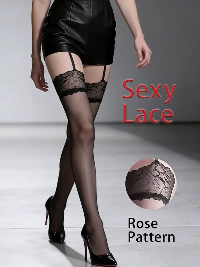 Chaussettes hautes noires transparentes pour femmes avec détails en dentelle et porte-jarretelles, bas polyvalents pour assortir aux jupes et au quotidien