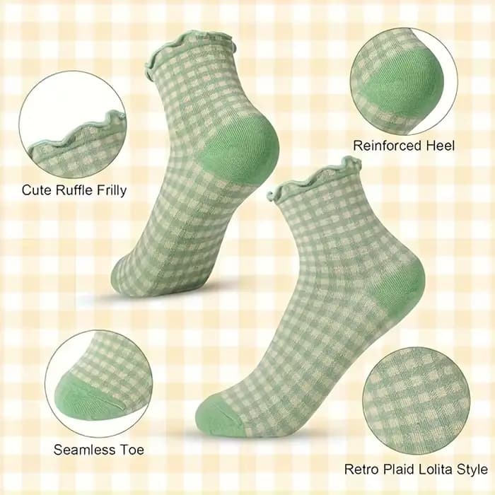 6 paires de chaussettes Vintage en dentelle à carreaux, tube moyen, bord champignon pour fille, chaussettes courtes colorées et mignonnes