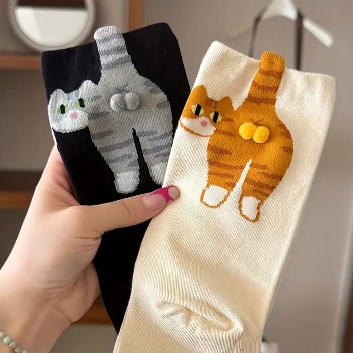 1/2 paires de chaussettes 3D mignonnes à motif chat noir/blanc