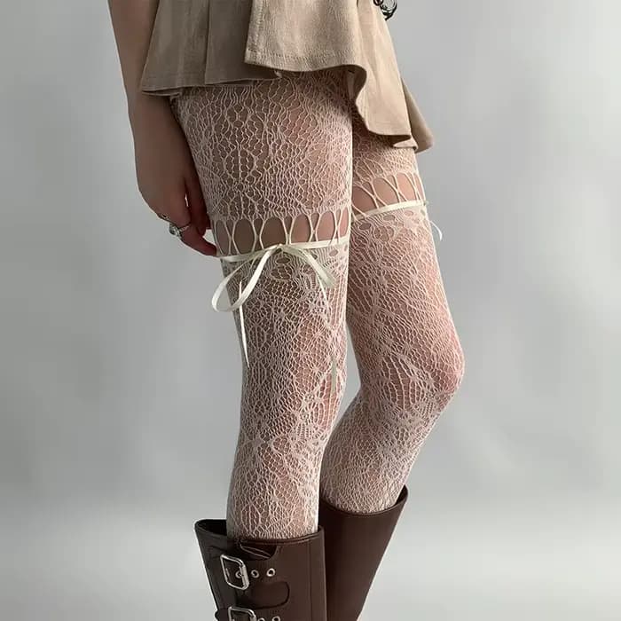 Nouveau design Collants beiges sexy pour femme, résille transparente, style uniforme JK, avec nœud et dentelle