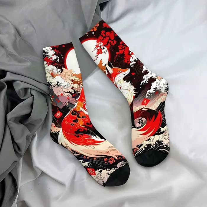 Chaussettes de style japonais Ukiyo-e avec motif de renard
