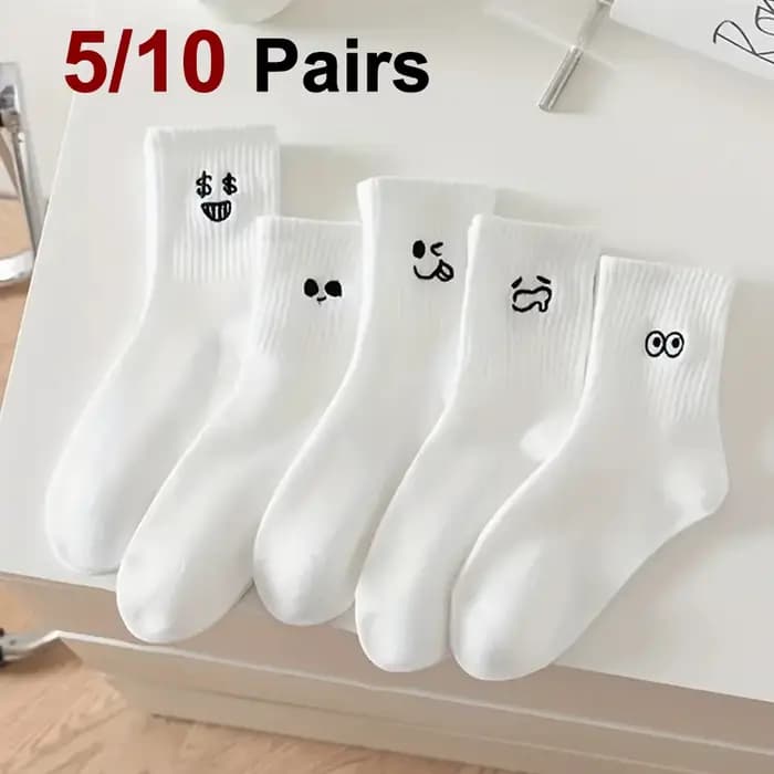 5/10 paires femmes blanc dessin animé chaussettes à la mode polyvalent Expression