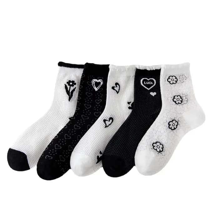 Lot de 5 paires de chaussettes pour femmes, chaussettes fines d'été et de printemps, chaussettes amusantes noires, style Lolita, mignonnes, kawaii, à volants, en coton