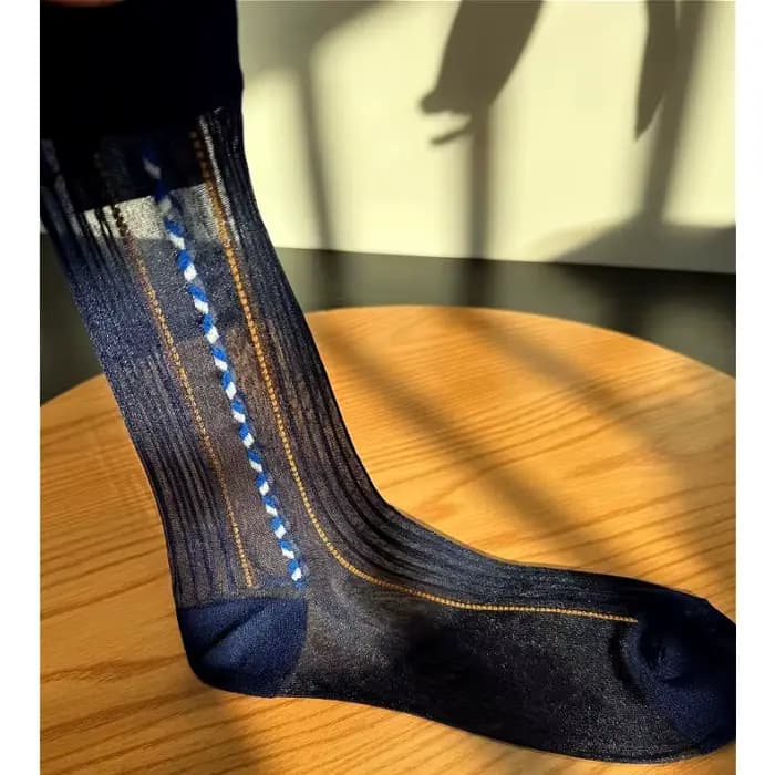Chaussettes habillées classiques vintage élastiques rayées en nylon pour hommes, chaussettes d'affaires transparentes ajourées mi-mollet pour l'été