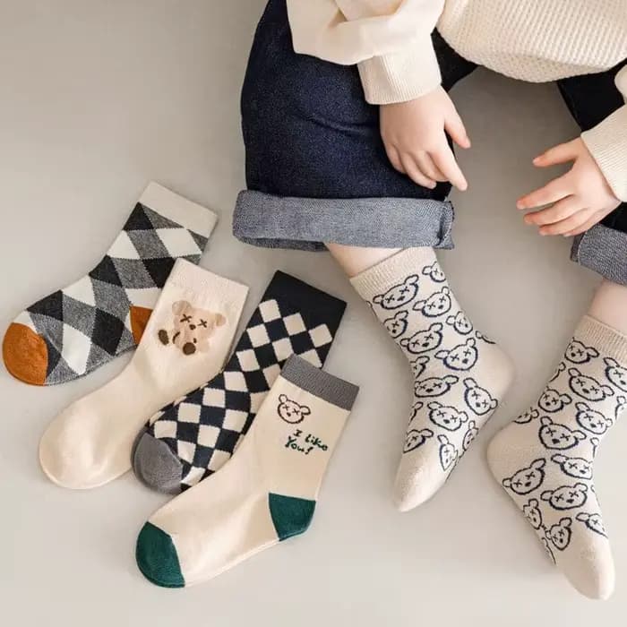 5 paires/lot mignon ours Plaid bébé chaussettes printemps automne doux coton enfants moyen Tube chaussettes pour garçons filles décontracté sport chaussette