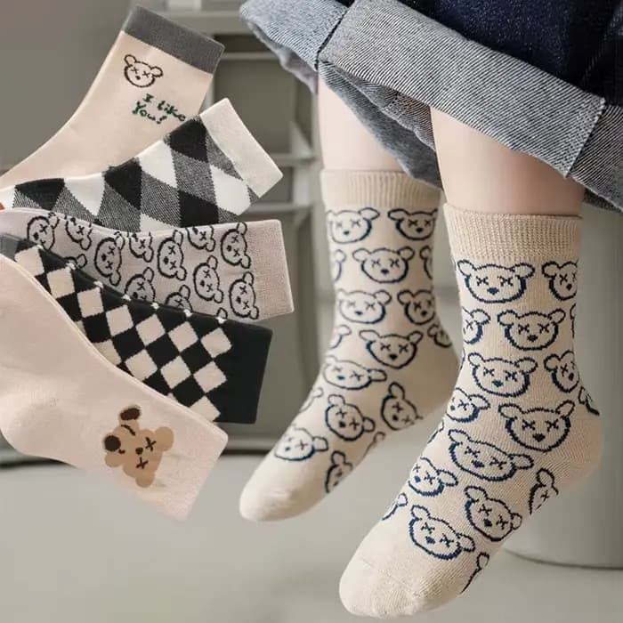 5 paires/lot mignon ours Plaid bébé chaussettes printemps automne doux coton enfants moyen Tube chaussettes pour garçons filles décontracté sport chaussette