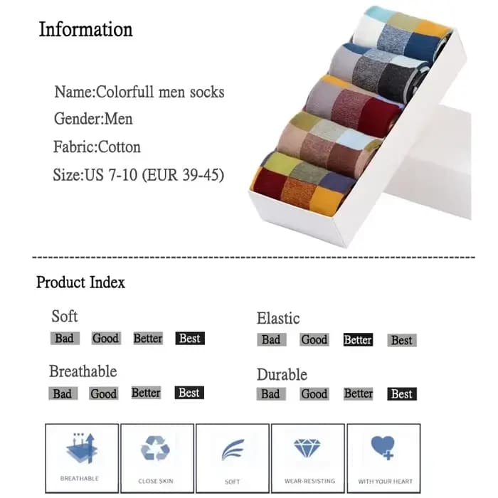 5 paires/chaussettes en coton peigné pour hommes printemps et automne chaussettes de Compression mode coloré carré