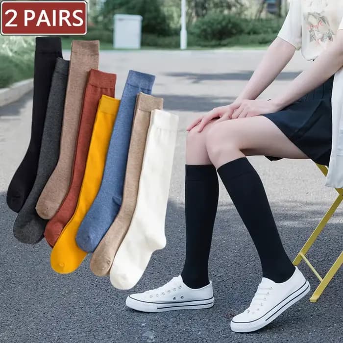 2 paires femmes coton genou chaussettes hautes noir blanc couleur unie mode décontracté mollet chaussette femme fille