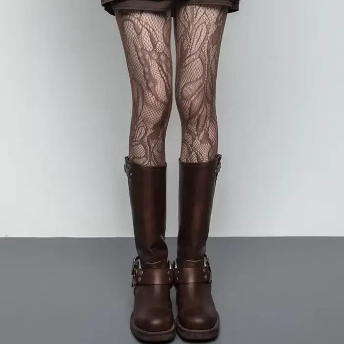 Collants Résille Vintage Français en Dentelle Florale Transparente