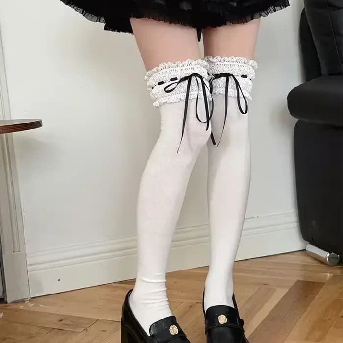 Lolita – chaussettes hautes en coton avec nœud en dentelle douce