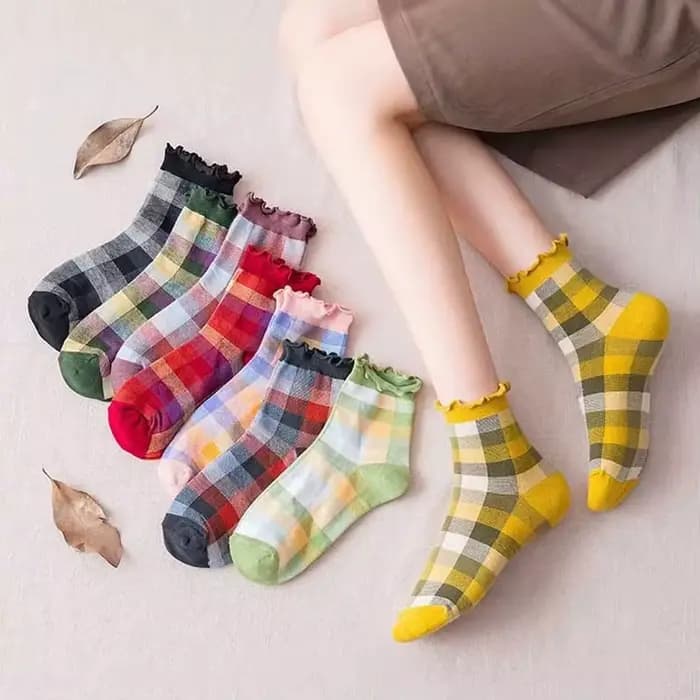 Femmes chaussettes coton Plaid ample court à volants
