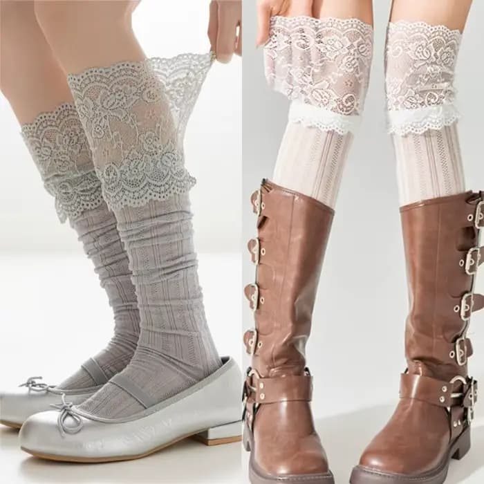 Nouvelles chaussettes longues en dentelle gris-blanc pour femme