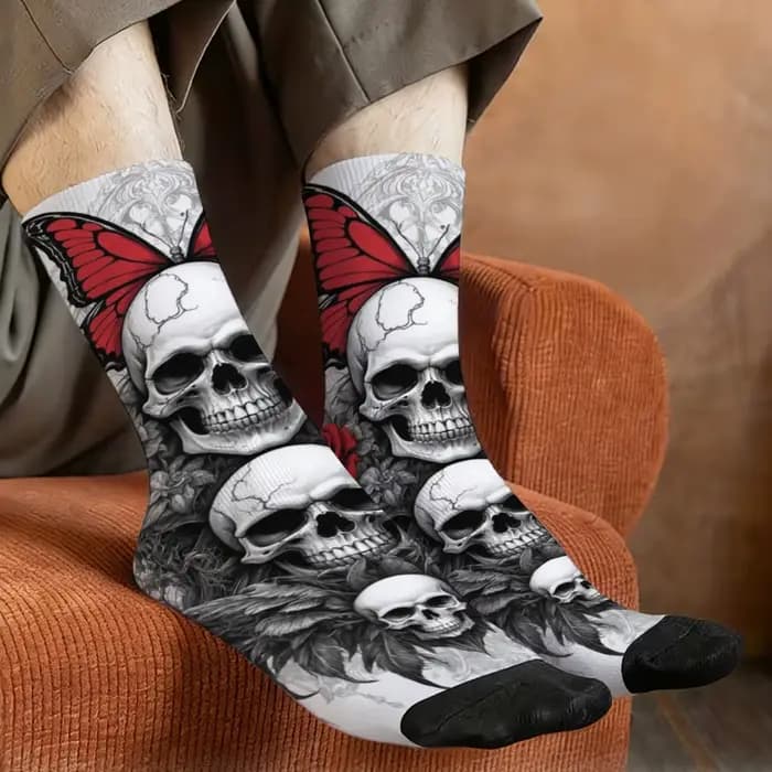 Chaussettes pour hommes avec illustration de crâne gothique sombre, chaussettes de sport amusantes, élastiques, respirantes, antidérapantes, décontractées, cadeaux de fête