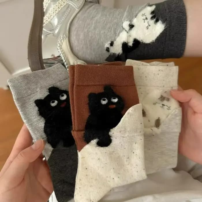 Kawaii dessin animé chaton polaire mi-mollet chaussettes bloc peluche chat imprimé automne chaud coton longue chaussette faux deux pièces Pile Up chaussettes