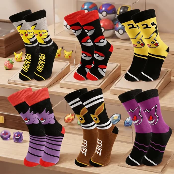 Chaussettes Pokemon en coton respirant pour hommes et femmes, chaussettes de sport décontractées avec figurines de dessin animé Pikachu Gengar Eevee