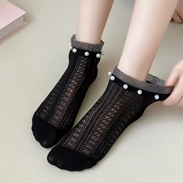 Chaussettes à volants en dentelle pour femmes, maille ajourée, fines, respirantes, Tube bas, couleur unie, en coton, douces filles, chaussettes courtes Kawaii avec perles