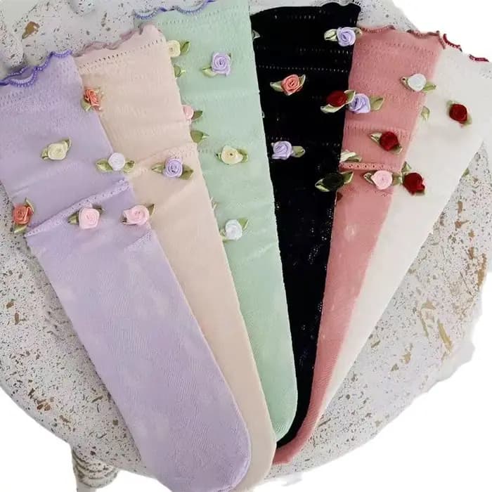 Chaussettes d'été fines pour femmes, élégantes, style français, motif rose, mi-mollet, respirantes, absorbant la transpiration, pour filles