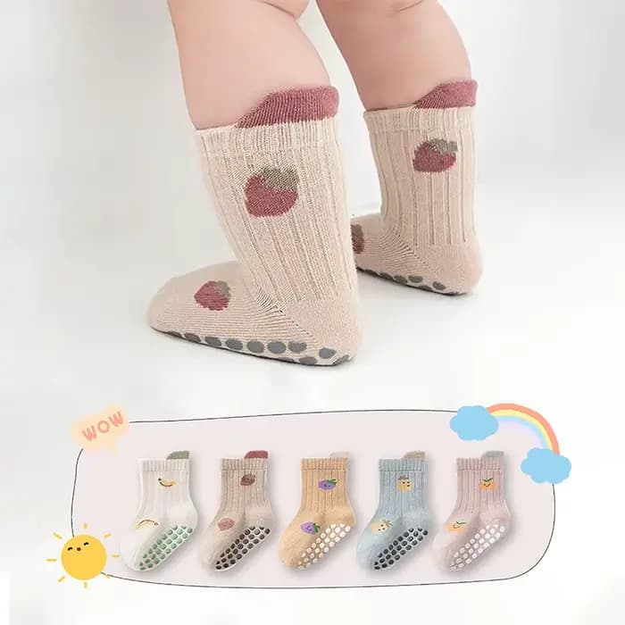 5 paires de chaussettes de marche antidérapantes pour bébé, chaussettes de sol à semelle souple pour tout-petits, chaussettes respirantes à motif de fruits de dessin animé pour premiers pas des nourri