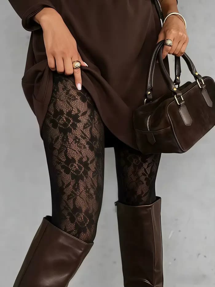 1 paire de collants résille noirs à imprimé tournesol pour femmes