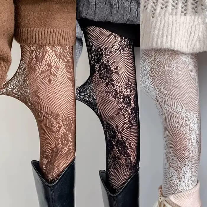 Harajuku noir blanc marron évidé dentelle maille collants Floral rotin bas bas Sexy femmes