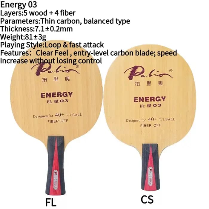 Palio Energy 03-06 Raquette de tennis de table professionnelle en fibre de carbone et bois