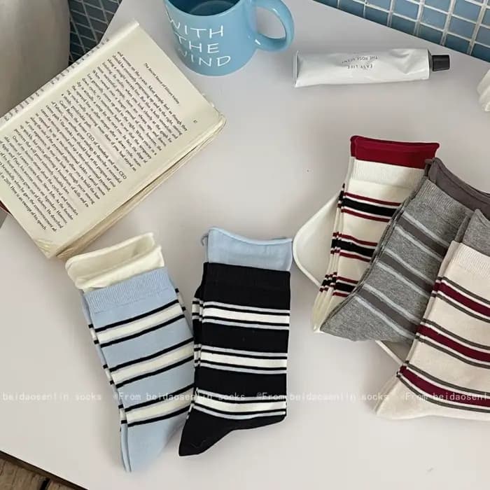 Printemps et été nouvelles chaussettes mi-tube rayées à Double nervure pour hommes et femmes bas de marque de mode de sport décontracté