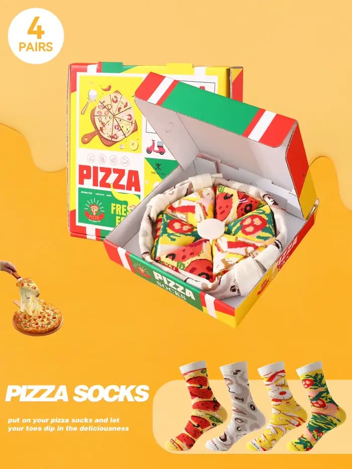 4 paires de chaussettes unisexes coupe moyenne pizza avec un roman et un cadeau de vacances créatif et original intéressant