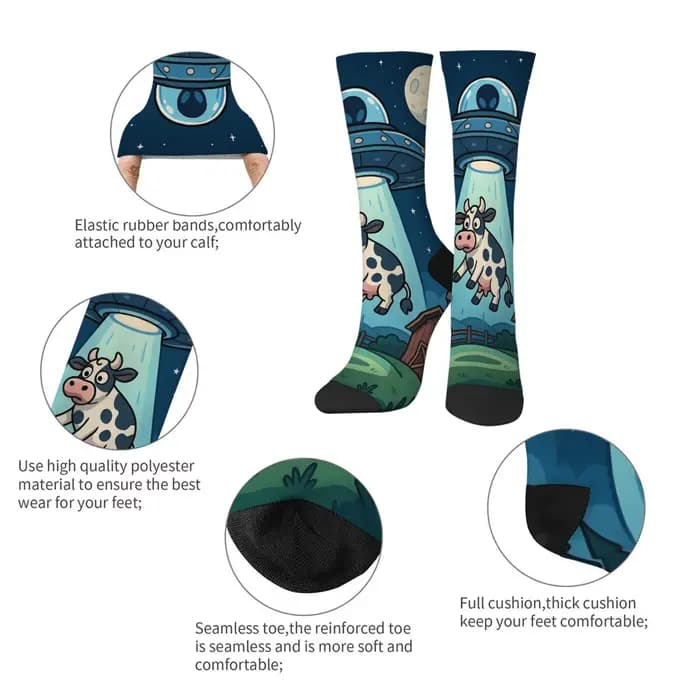 Harajuku Retro UFO Kidnapped Cow Pattern Men's Socks Comfortable Breathable Non-slip Casual Socks Novelty Street Crew Socks Gift