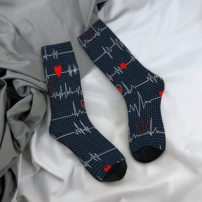 ECG Pulse Print Chaussettes mi-mollet Chaussettes amusantes et folles à la mode Style hip-hop de rue tendance pour les sports de plein air ou un usage quotidien Confortables