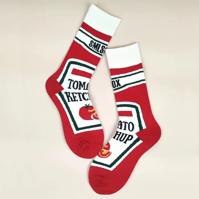 1 paire de chaussettes pour hommes sur le thème de la nourriture drôle-chaussettes mi-mollet imprimées du paquet Ketchup