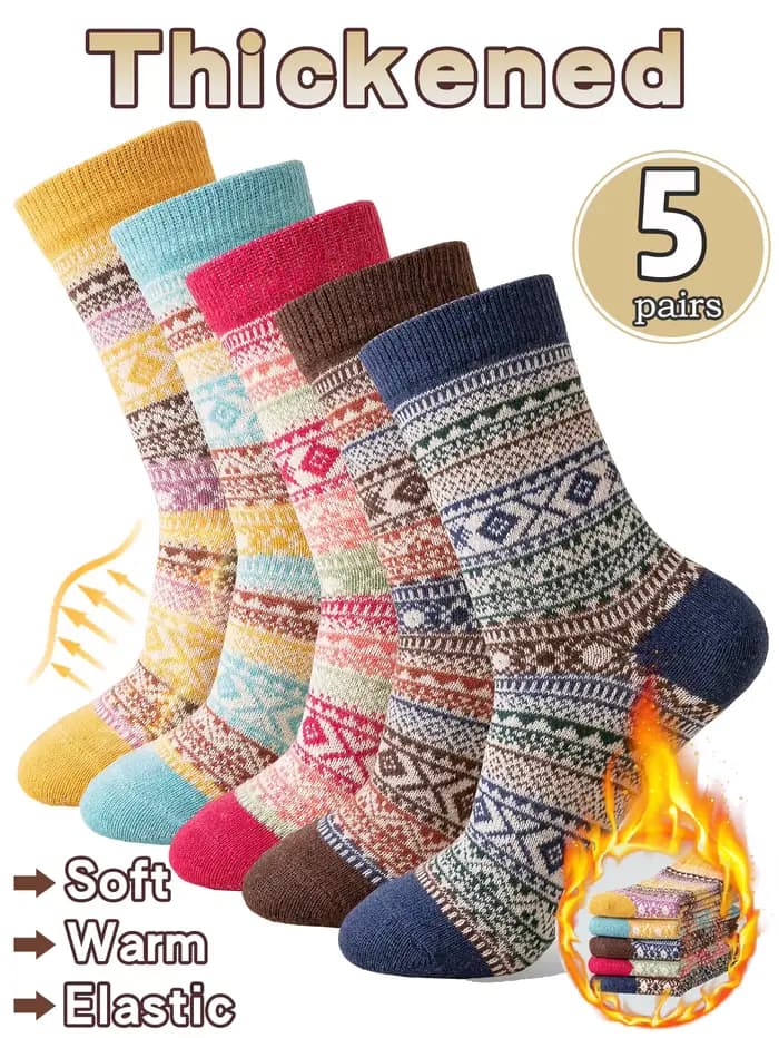 5 paires de chaussettes en laine pour femmes, styles automne et hiver - chaussettes longues tricotées et rembourrées à parois épaisses pour plus de chaleur