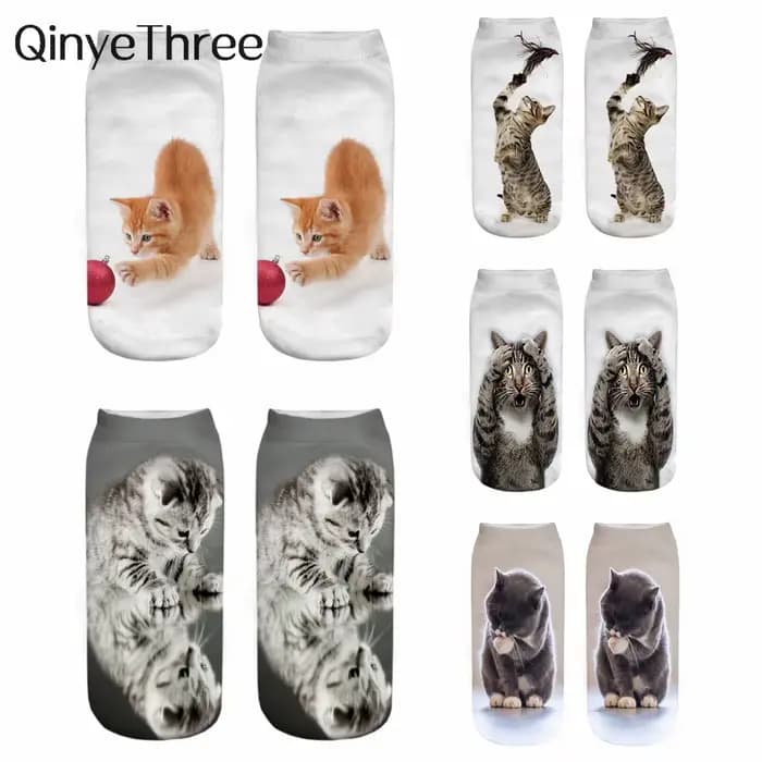 Nouveau chaud impression 3D drôle mignon dessin animé chaton unisexe chaussettes courtes créatif coloré Multiple chat