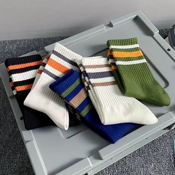 5 paires de chaussettes décontractées à rayures colorées pour hommes, chaussettes de sport à la mode, absorbant la sueur et respirantes, adaptées à toutes les saisons