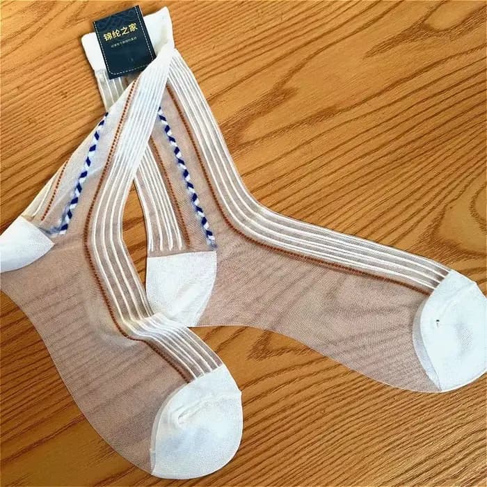 Chaussettes habillées classiques vintage élastiques rayées en nylon pour hommes, chaussettes d'affaires transparentes ajourées mi-mollet pour l'été