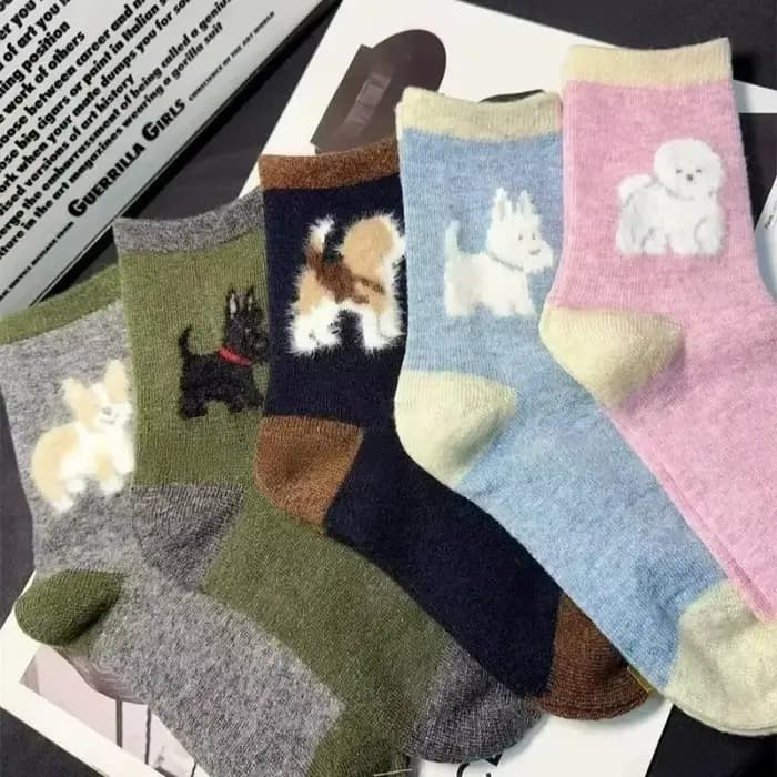 Femmes automne en peluche chien motif chaussettes Kawaii dessin animé femme coton chiens mi-tube chaussette