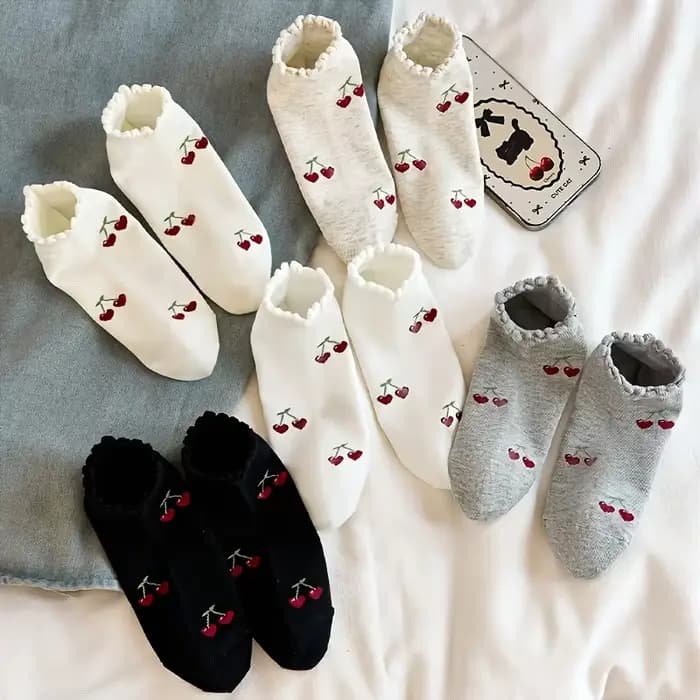 5 paires de chaussettes à volants mignonnes en forme de cerise pour femmes