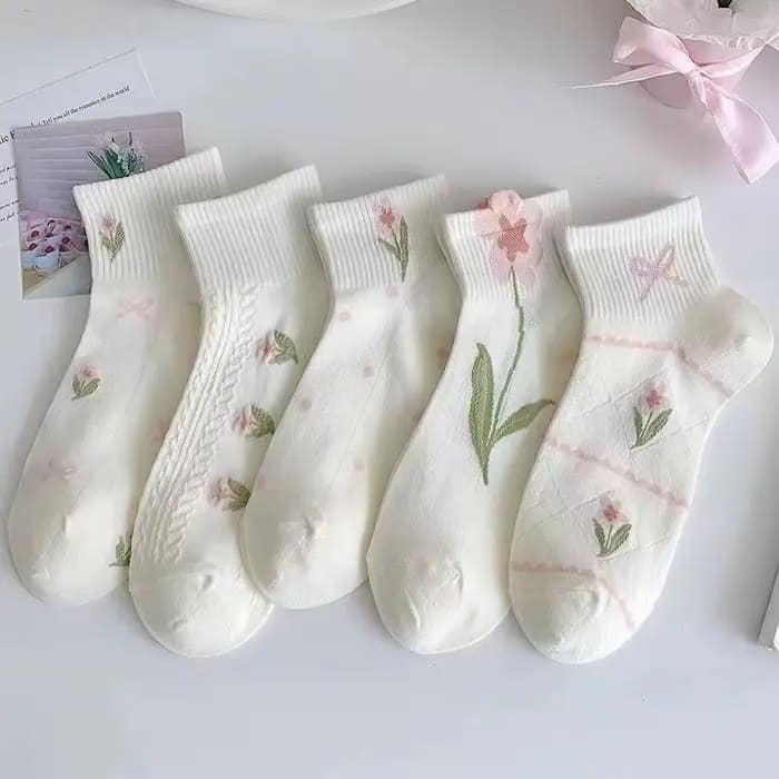 5 paires de chaussettes courtes roses avec nœud papillon et fleurs