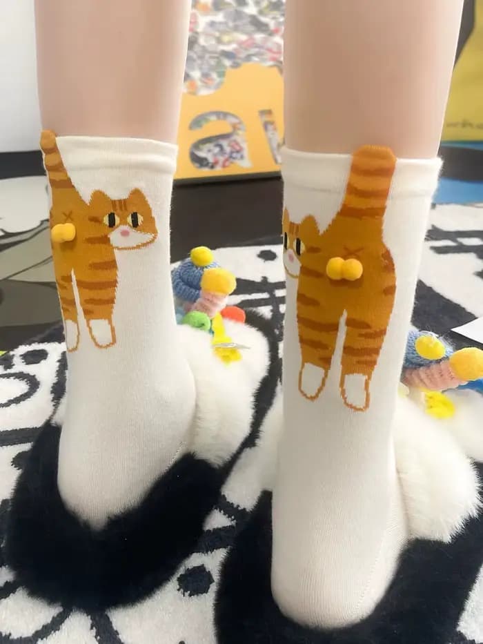 Chaussettes 3D Mignonnes Chat Noir/Blanc, Chaussettes Drôles Chat Respirantes et Douces pour Filles et Femmes, Chaussettes Fantaisie Kawaii, Ensemble Cadeau
