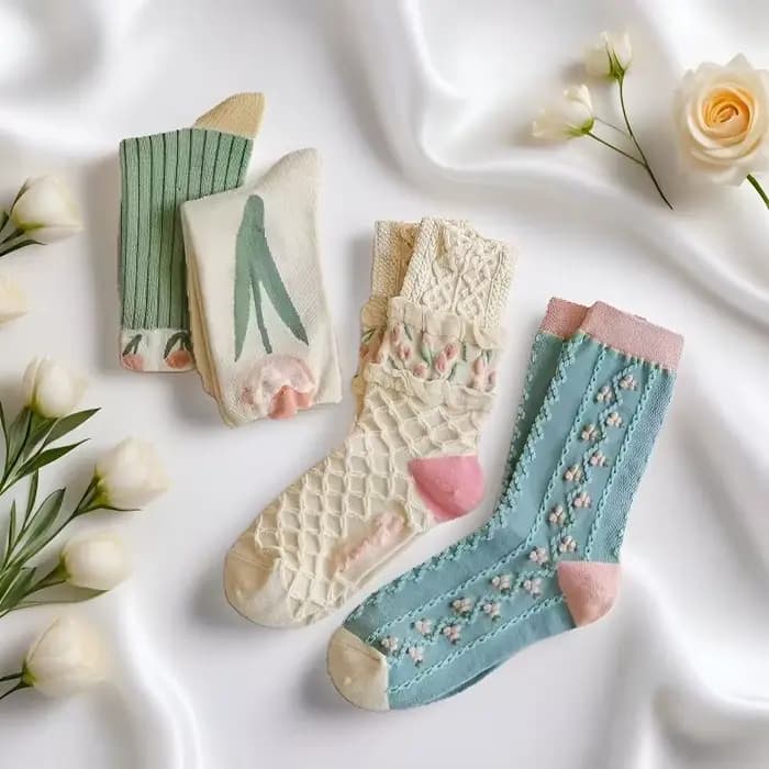 4 paires de chaussettes florales ensemble femmes mignon fleur géométrique 3D texturé cheville Cottagecore
