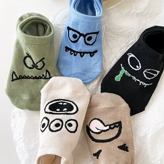 5 paires de chaussettes dessin animé expressions drôles bateau chaussettes femmes printemps et été mince invisible chaussettes mignonnes